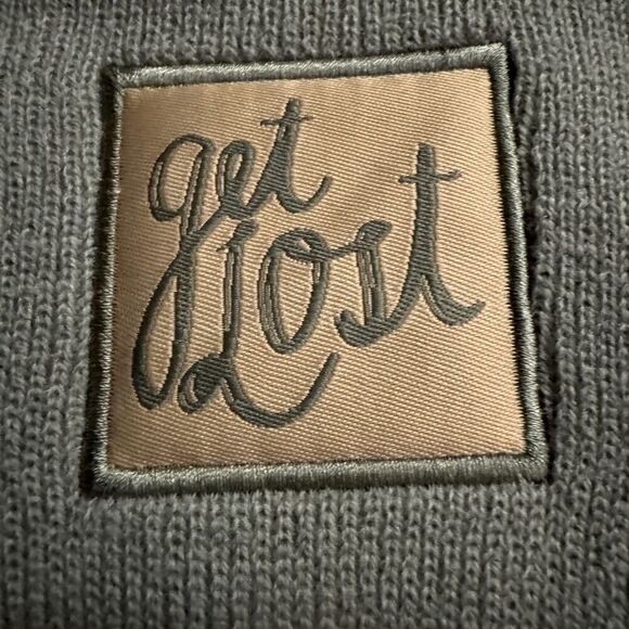 Gray knit beanie hat with embroidered patch on front "Get Lost" OS NWT - Picture 2 of 5